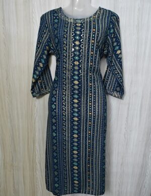 Teal Blue Foil Printed Kurta with Zari and Pipe Work