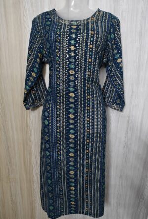 Teal Blue Foil Printed Kurta with Zari and Pipe Work