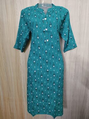 Sea Green Rayon Cotton Block Printed Kurta