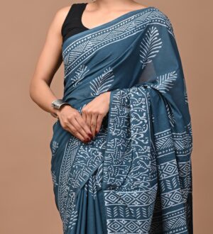 Bluish Grey colored Rajasthani Hand Block Printed Cotton Saree with Non Chemical Dye