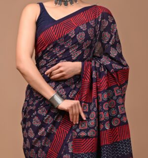 Blue-Red colored Rajasthani Hand Block Printed Cotton Saree with Non Chemical Dye