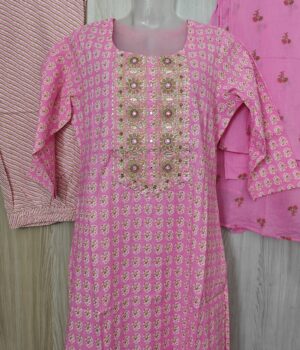 Pink Printed Cotton Pant Suit with Dupatta