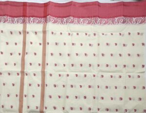 Cream colored Bengali Tangail Cotton Saree with Pink Color border