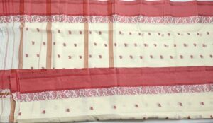 Cream colored Bengali Tangail Cotton Saree with Pink Color border