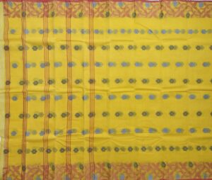 Yellow colored Bengali Shantipur Cotton Saree with Red Color border