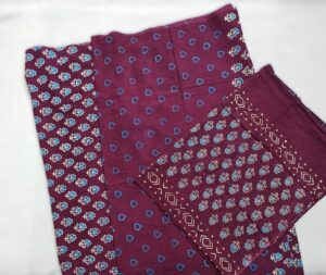 Beetroot Red Bagru Block Print Cotton 3 Piece Dress Material with mulmul cotton Dupatta