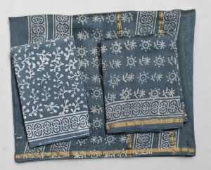 Grey Hand Block Print Chanderi Suit with Floral Pattern