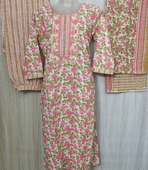 Pink Floral Pure Cotton Pant Suit with mulmul Dupatta and Patch work