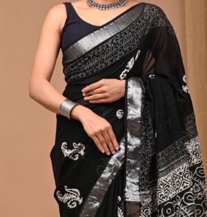 Black colored Rajasthani Hand Block Printed Linen Saree with Vegetable Dye and Border