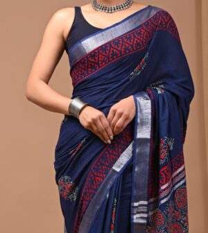 Blue colored Rajasthani Hand Block Printed Linen Saree with Vegetable Dye and Border