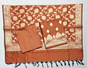 Rust Semi Silk Banarasi suit with Zari work and Jaal Dupatta