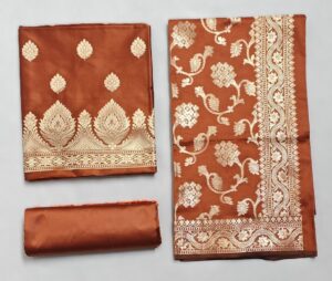 Rust Semi Silk Banarasi suit with Zari work and Jaal Dupatta