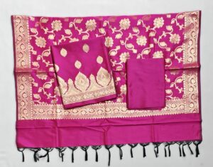 Magenta Semi Silk Banarasi suit with Zari work and Jaal Dupatta