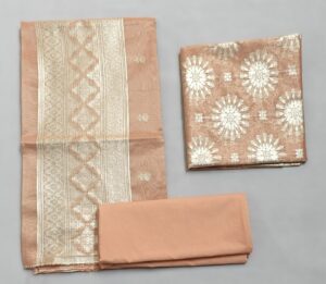 Pastel Peach Banarasi Handloom Cotton Tissue suit with Zari work