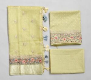 Lemon Banarasi Handloom Cotton suit with Embroidery work and Silk Dupatta