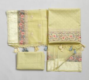 Lemon Banarasi Handloom Cotton suit with Embroidery work and Silk Dupatta