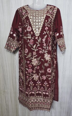 Maroon Georgette Designer Stitched Suit with Georgette Embroidery Dupatta