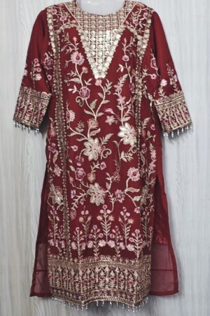 Red Georgette Designer Stitched Suit with Georgette Embroidery Dupatta