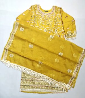 Yellow Organza Designer Embroidery Stitched Suit with Organza Embroidery Dupatta