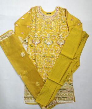 Yellow Organza Designer Embroidery Stitched Suit with Organza Embroidery Dupatta