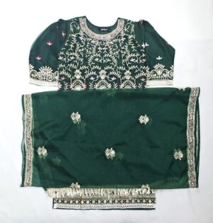 Bottle Green Organza Designer Embroidery Stitched Suit with Organza Embroidery Dupatta