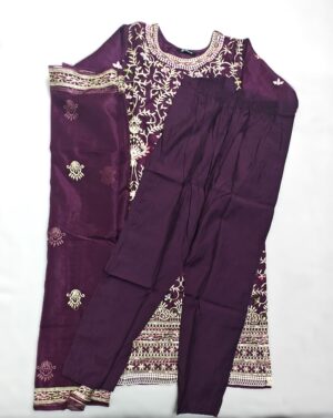 Wine Organza Designer Embroidery Stitched Suit with Organza Embroidery Dupatta