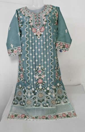 Teal Blue Organza Designer Stitched Suit with Organza Embroidery Dupatta