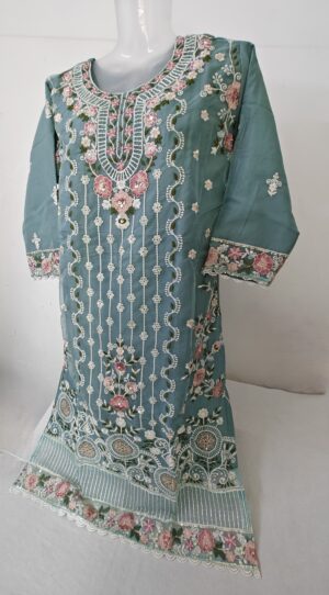 Teal Blue Organza Designer Stitched Suit with Organza Embroidery Dupatta