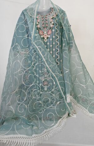 Teal Blue Organza Designer Stitched Suit with Organza Embroidery Dupatta