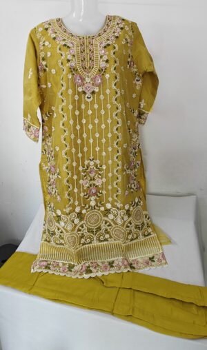 Golden Turmeric Organza Designer Stitched Suit with Organza Embroidery Dupatta