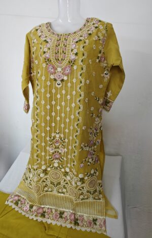 Golden Turmeric Organza Designer Stitched Suit with Organza Embroidery Dupatta