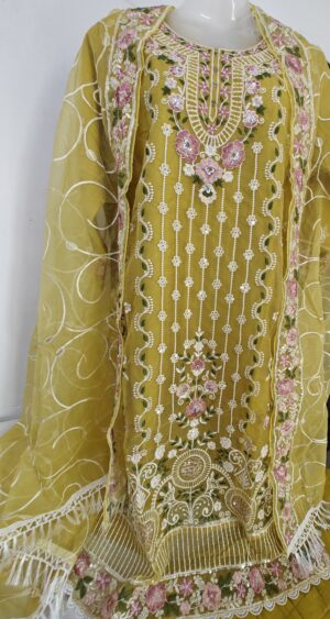 Golden Turmeric Organza Designer Stitched Suit with Organza Embroidery Dupatta