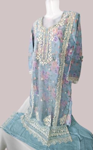 Sky blue Organza Tissue Designer Embroidery Stitched Suit with Organza Dupatta