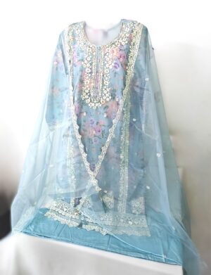 Sky blue Organza Tissue Designer Embroidery Stitched Suit with Organza Dupatta