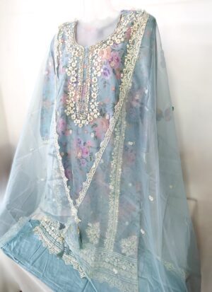 Sky blue Organza Tissue Designer Embroidery Stitched Suit with Organza Dupatta