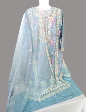 Sky blue Organza Tissue Designer Embroidery Stitched Suit with Organza Dupatta