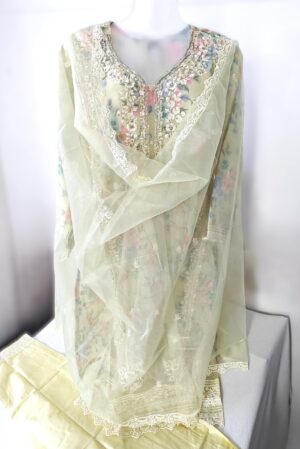 Lemon Yellow Organza Tissue Designer Embroidery Stitched Suit with Organza Dupatta