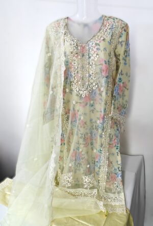 Lemon Yellow Organza Tissue Designer Embroidery Stitched Suit with Organza Dupatta