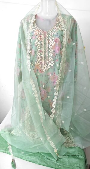 Sea Green Organza Tissue Designer Embroidery Stitched Suit with Organza Dupatta