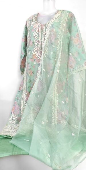 Sea Green Organza Tissue Designer Embroidery Stitched Suit with Organza Dupatta