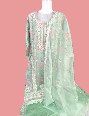 Sea Green Organza Tissue Designer Embroidery Stitched Suit with Organza Dupatta