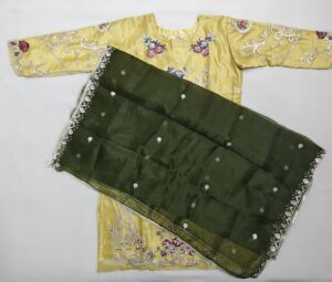 Yellow Organza Designer Embroidery Stitched Suit with Organza Contrast Dupatta