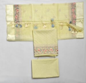 Lemon Banarasi Handloom Cotton suit with Embroidery work and Silk Dupatta