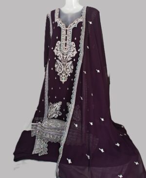 Wine Soft Georgette Designer Embroidery Stitched Suit with Georgette Dupatta