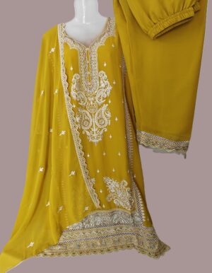 Yellow Soft Georgette Designer Embroidery Stitched Suit with Georgette Dupatta