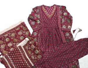 Maroon Cotton Pant Suit with Dabu Print and cotton Dupatta