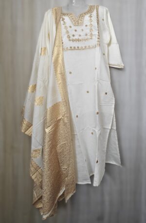 Off White Chanderi Pant Suit with Jacquard Weaved Dupatta