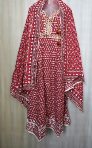 Red Printed Long Gown Kurti with Stylish Palazzo Pant and Dupatta