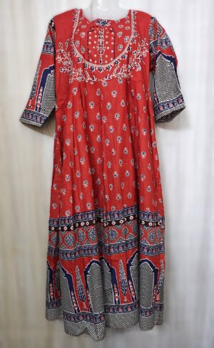 Red Printed Cotton Gown with hand Adda & Sequence work and mulmul Dupatta