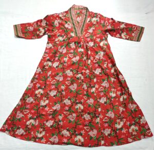 Red Printed A shaped Cotton Pant Suit with Dupatta